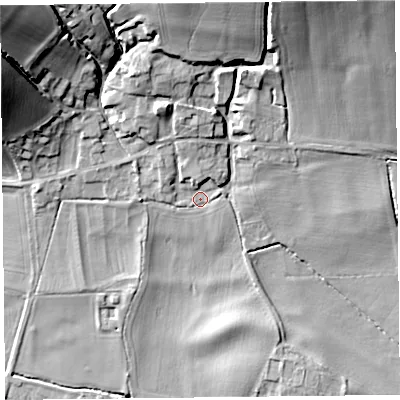 Shaded relief map of the ground around SY78AS, computed from Environment Agency LiDAR. The ground here sits at about 156 m above sea level and falls 31 m across the surrounding 800 m. Surface water reaching this point runs off ground lying to the north-west, 24.5 m higher.