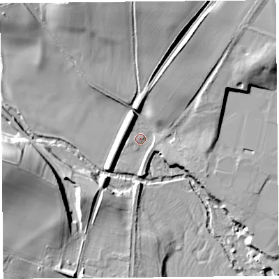 Shaded relief map of the ground around SY78BY, computed from Environment Agency LiDAR. The ground here sits at about 125 m above sea level and falls 25 m across the surrounding 800 m. Surface water reaching this point runs off ground lying to the north, 19.9 m higher.