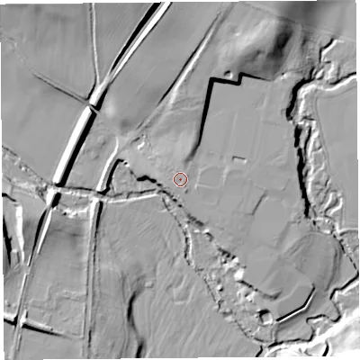 Shaded relief map of the ground around SY78DA, computed from Environment Agency LiDAR. The ground here sits at about 128 m above sea level and falls 20 m across the surrounding 800 m. Surface water reaching this point runs off ground lying to the north, 0.5 m higher.