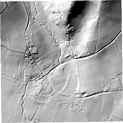 Shaded relief map of the ground around SY78EN, computed from Environment Agency LiDAR. The ground here sits at about 140 m above sea level and falls 71 m across the surrounding 800 m. Surface water reaching this point runs off ground lying to the north-north-east, 67.4 m higher.