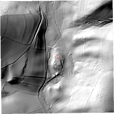 Shaded relief map of the ground around SY78EX, computed from Environment Agency LiDAR. The ground here sits at about 166 m above sea level and falls 96 m across the surrounding 800 m. Surface water reaching this point runs off ground lying to the south-south-east, 7.2 m higher.
