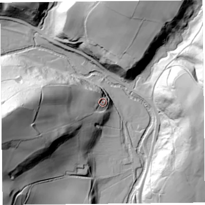 Shaded relief map of the ground around SY78HP, computed from Environment Agency LiDAR. The ground here sits at about 156 m above sea level and falls 92 m across the surrounding 800 m. Surface water reaching this point runs off ground lying to the west, 51.4 m higher.