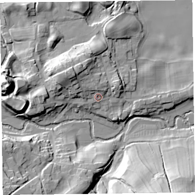 Shaded relief map of the ground around SY78JB, computed from Environment Agency LiDAR. The ground here sits at about 187 m above sea level and falls 35 m across the surrounding 800 m. Surface water reaching this point runs off ground lying to the north-west, 13.5 m higher.