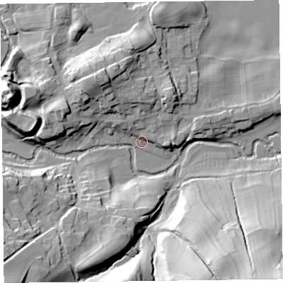Shaded relief map of the ground around SY78JD, computed from Environment Agency LiDAR. The ground here sits at about 181 m above sea level and falls 49 m across the surrounding 800 m. Surface water reaching this point runs off ground lying to the north-west, 19.3 m higher.