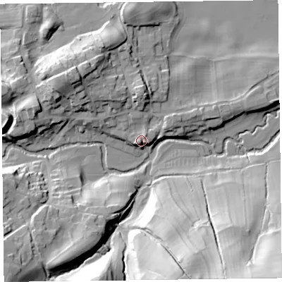 Shaded relief map of the ground around SY78JF, computed from Environment Agency LiDAR. The ground here sits at about 185 m above sea level and falls 51 m across the surrounding 800 m. Surface water reaching this point runs off ground lying to the north-east, 6.9 m higher.