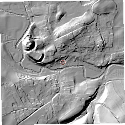 Shaded relief map of the ground around SY78JP, computed from Environment Agency LiDAR. The ground here sits at about 181 m above sea level and falls 43 m across the surrounding 800 m. Surface water reaching this point runs off ground lying to the north-north-east, 18.6 m higher.