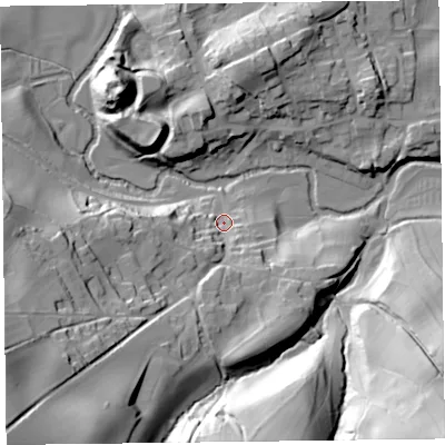Shaded relief map of the ground around SY78JW, computed from Environment Agency LiDAR. The ground here sits at about 185 m above sea level and falls 58 m across the surrounding 800 m. Surface water reaching this point runs off ground lying to the south-west, 47.3 m higher.