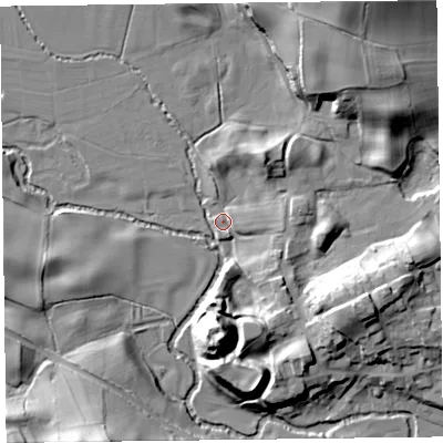 Shaded relief map of the ground around SY78JX, computed from Environment Agency LiDAR. The ground here sits at about 183 m above sea level and falls 29 m across the surrounding 800 m. Surface water reaching this point runs off ground lying to the north-north-east, 24.6 m higher.