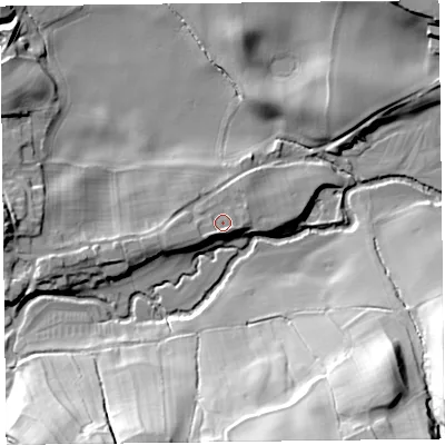 Shaded relief map of the ground around SY78LG, computed from Environment Agency LiDAR. The ground here sits at about 183 m above sea level and falls 36 m across the surrounding 800 m. Surface water reaching this point runs off ground lying to the south-south-west, 2.1 m higher.