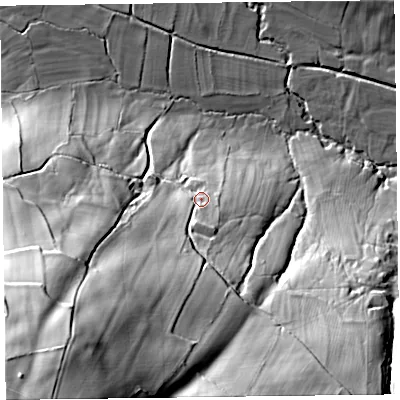 Shaded relief map of the ground around SY78LT, computed from Environment Agency LiDAR. The ground here sits at about 250 m above sea level and falls 112 m across the surrounding 800 m. Surface water reaching this point runs off ground lying to the south-west, 89.2 m higher.