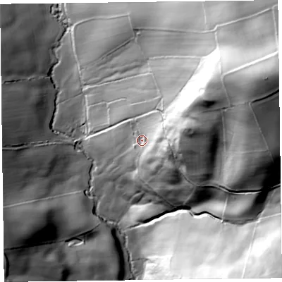 Shaded relief map of the ground around SY78NL, computed from Environment Agency LiDAR. The ground here sits at about 247 m above sea level and falls 117 m across the surrounding 800 m. Surface water reaching this point runs off ground lying to the east-north-east, 48.9 m higher.