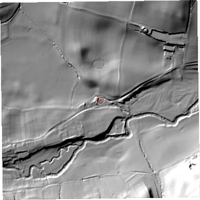 Shaded relief map of the ground around SY78NX, computed from Environment Agency LiDAR. The ground here sits at about 178 m above sea level and falls 56 m across the surrounding 800 m. Surface water reaching this point runs off ground lying to the south-west, 7.6 m higher.