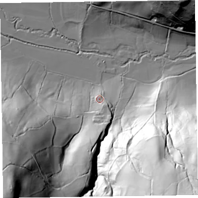 Shaded relief map of the ground around SY78PG, computed from Environment Agency LiDAR. The ground here sits at about 233 m above sea level and falls 136 m across the surrounding 800 m. Surface water reaching this point runs off ground lying to the south-south-east, 7.9 m higher.