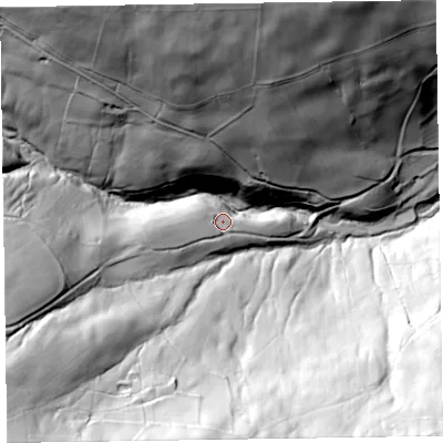 Shaded relief map of the ground around SY78PH, computed from Environment Agency LiDAR. The ground here sits at about 297 m above sea level and falls 116 m across the surrounding 800 m. Surface water reaching this point runs off ground lying to the west, 14.3 m higher.