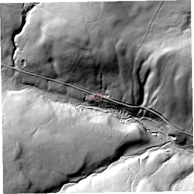Shaded relief map of the ground around SY78PP, computed from Environment Agency LiDAR. The ground here sits at about 349 m above sea level and falls 100 m across the surrounding 800 m. Surface water reaching this point runs off ground lying to the north, 77.9 m higher.