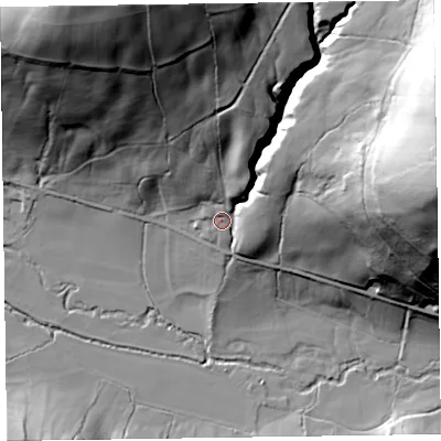 Shaded relief map of the ground around SY78PQ, computed from Environment Agency LiDAR. The ground here sits at about 241 m above sea level and falls 109 m across the surrounding 800 m. Surface water reaching this point runs off ground lying to the north-east, 88.7 m higher.