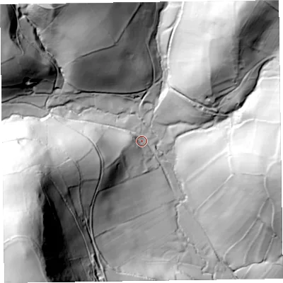 Shaded relief map of the ground around SY78QG, computed from Environment Agency LiDAR. The ground here sits at about 237 m above sea level and falls 136 m across the surrounding 800 m. Surface water reaching this point runs off ground lying to the west-south-west, 42.7 m higher.
