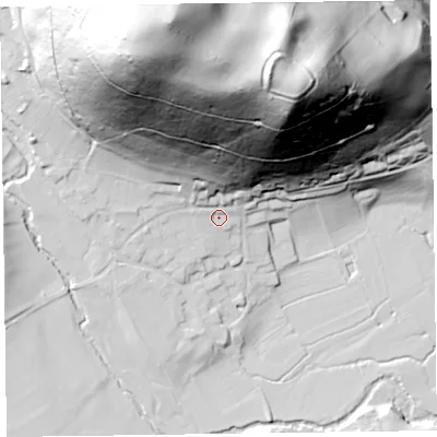 Shaded relief map of the ground around SY78QL, computed from Environment Agency LiDAR. The ground here sits at about 213 m above sea level and falls 135 m across the surrounding 800 m. Surface water reaching this point runs off ground lying to the north-north-west, 124.4 m higher.