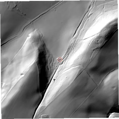 Shaded relief map of the ground around SY79AB, computed from Environment Agency LiDAR. The ground here sits at about 164 m above sea level and falls 76 m across the surrounding 800 m. Surface water reaching this point runs off ground lying to the south-east, 49.1 m higher.