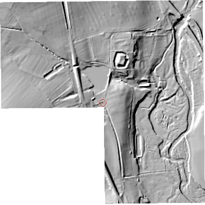 Shaded relief map of the ground around SY79AH, computed from Environment Agency LiDAR. The ground here sits at about 121 m above sea level and falls 35 m across the surrounding 800 m. Surface water reaching this point runs off ground lying to the west, 23.0 m higher.