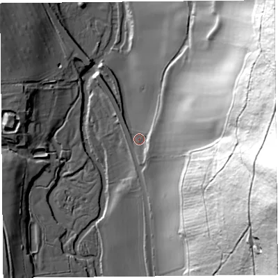 Shaded relief map of the ground around SY79AL, computed from Environment Agency LiDAR. The ground here sits at about 116 m above sea level and falls 131 m across the surrounding 800 m. Surface water reaching this point runs off ground lying to the east, 120.8 m higher.
