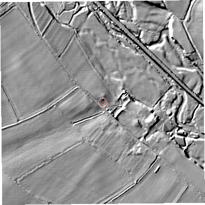 Shaded relief map of the ground around SY79AU, computed from Environment Agency LiDAR. The ground here sits at about 103 m above sea level and falls 16 m across the surrounding 800 m. Surface water reaching this point runs off ground lying to the west-south-west, 7.0 m higher.