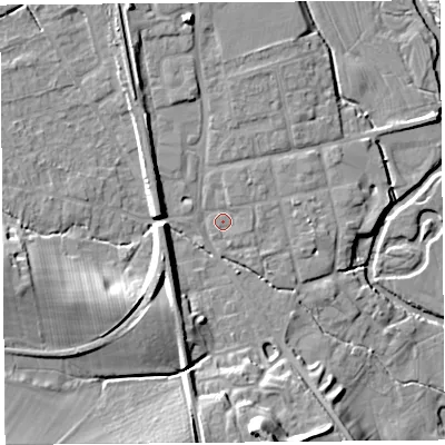 Shaded relief map of the ground around SY79BW, computed from Environment Agency LiDAR. The ground here sits at about 119 m above sea level and falls 20 m across the surrounding 800 m. Surface water reaching this point runs off ground lying to the north-north-east, 1.1 m higher.