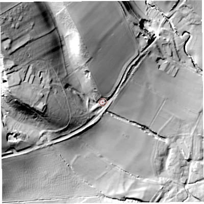 Shaded relief map of the ground around SY79BY, computed from Environment Agency LiDAR. The ground here sits at about 135 m above sea level and falls 76 m across the surrounding 800 m. Surface water reaching this point runs off ground lying to the north-west, 57.7 m higher.