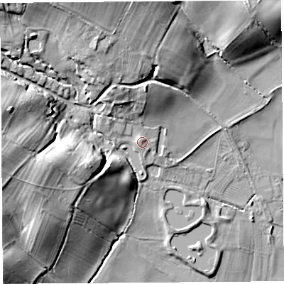 Shaded relief map of the ground around SY79DH, computed from Environment Agency LiDAR. The ground here sits at about 114 m above sea level and falls 22 m across the surrounding 800 m. Surface water reaching this point runs off ground lying to the north-north-west, 1.3 m higher.