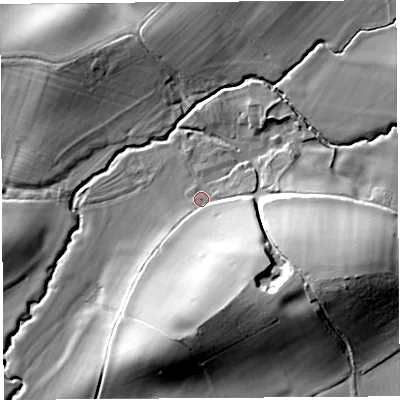 Shaded relief map of the ground around SY79DL, computed from Environment Agency LiDAR. The ground here sits at about 123 m above sea level and falls 28 m across the surrounding 800 m. Surface water reaching this point runs off ground lying to the south-east, 19.3 m higher.