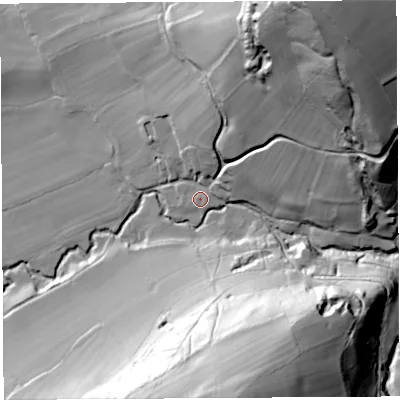 Shaded relief map of the ground around SY79DP, computed from Environment Agency LiDAR. The ground here sits at about 144 m above sea level and falls 96 m across the surrounding 800 m. Surface water reaching this point runs off ground lying to the north-east, 86.1 m higher.
