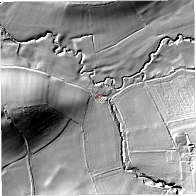 Shaded relief map of the ground around SY79DW, computed from Environment Agency LiDAR. The ground here sits at about 129 m above sea level and falls 29 m across the surrounding 800 m. Surface water reaching this point runs off ground lying to the west-south-west, 5.5 m higher.