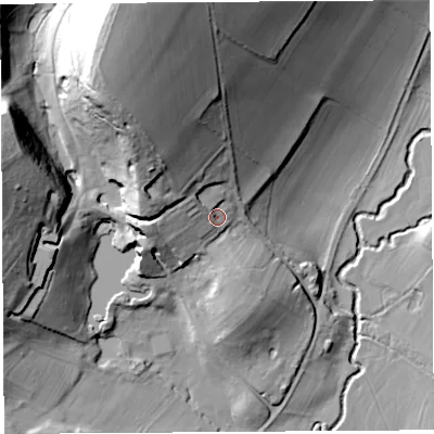 Shaded relief map of the ground around SY79HE, computed from Environment Agency LiDAR. The ground here sits at about 140 m above sea level and falls 63 m across the surrounding 800 m. Surface water reaching this point runs off ground lying to the north-north-west, 37.7 m higher.
