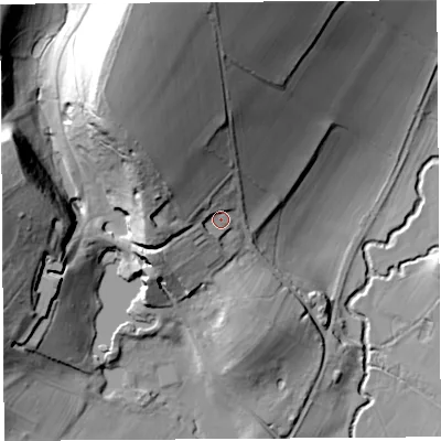 Shaded relief map of the ground around SY79HF, computed from Environment Agency LiDAR. The ground here sits at about 143 m above sea level and falls 66 m across the surrounding 800 m. Surface water reaching this point runs off ground lying to the north-north-west, 44.7 m higher.