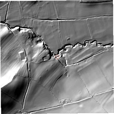 Shaded relief map of the ground around SY79HL, computed from Environment Agency LiDAR. The ground here sits at about 137 m above sea level and falls 51 m across the surrounding 800 m. Surface water reaching this point runs off ground lying to the south-east, 44.4 m higher.