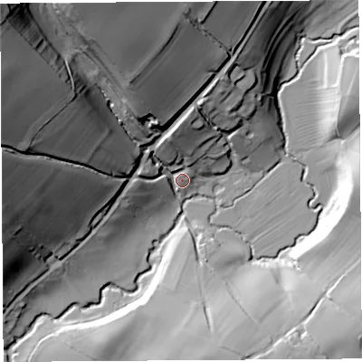 Shaded relief map of the ground around SY79HQ, computed from Environment Agency LiDAR. The ground here sits at about 135 m above sea level and falls 76 m across the surrounding 800 m. Surface water reaching this point runs off ground lying to the north-west, 70.6 m higher.
