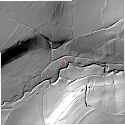 Shaded relief map of the ground around SY79HS, computed from Environment Agency LiDAR. The ground here sits at about 160 m above sea level and falls 84 m across the surrounding 800 m. Surface water reaching this point runs off ground lying to the east-north-east, 2.0 m higher.