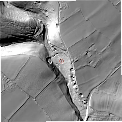 Shaded relief map of the ground around SY79JX, computed from Environment Agency LiDAR. The ground here sits at about 133 m above sea level and falls 65 m across the surrounding 800 m. Surface water reaching this point runs off ground lying to the north, 41.6 m higher.