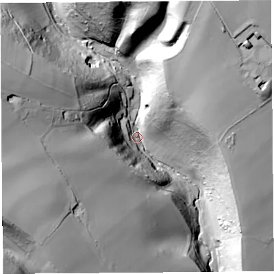Shaded relief map of the ground around SY79LG, computed from Environment Agency LiDAR. The ground here sits at about 147 m above sea level and falls 86 m across the surrounding 800 m. Surface water reaching this point runs off ground lying to the west-north-west, 75.6 m higher.