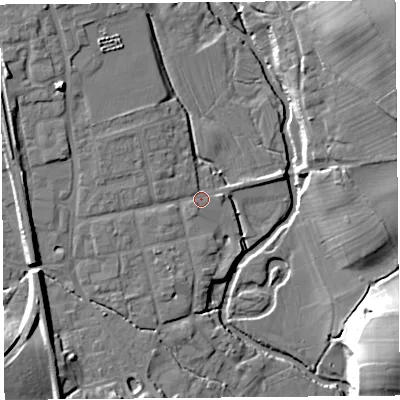 Shaded relief map of the ground around SY79NL, computed from Environment Agency LiDAR. The ground here sits at about 118 m above sea level and falls 23 m across the surrounding 800 m. Surface water reaching this point runs off ground lying to the north-west, 3.0 m higher.