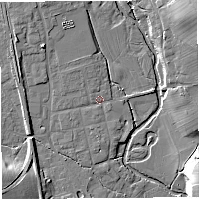 Shaded relief map of the ground around SY79NQ, computed from Environment Agency LiDAR. The ground here sits at about 119 m above sea level and falls 21 m across the surrounding 800 m. Surface water reaching this point runs off ground lying to the north-west, 2.4 m higher.