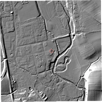Shaded relief map of the ground around SY79NX, computed from Environment Agency LiDAR. The ground here sits at about 118 m above sea level and falls 23 m across the surrounding 800 m. Surface water reaching this point runs off ground lying to the south-west, 2.6 m higher.