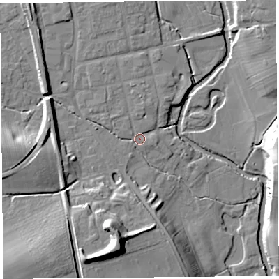 Shaded relief map of the ground around SY79PE, computed from Environment Agency LiDAR. The ground here sits at about 118 m above sea level and falls 23 m across the surrounding 800 m. Surface water reaching this point runs off ground lying to the west, 11.0 m higher.