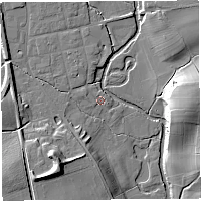 Shaded relief map of the ground around SY79PG, computed from Environment Agency LiDAR. The ground here sits at about 117 m above sea level and falls 22 m across the surrounding 800 m. Surface water reaching this point runs off ground lying to the west-north-west, 2.3 m higher.