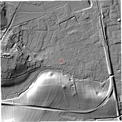 Shaded relief map of the ground around SY79QS, computed from Environment Agency LiDAR. The ground here sits at about 123 m above sea level and falls 26 m across the surrounding 800 m. Surface water reaching this point runs off ground lying to the west-south-west, 1.0 m higher.