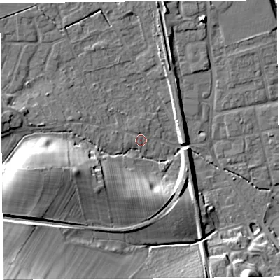 Shaded relief map of the ground around SY79QW, computed from Environment Agency LiDAR. The ground here sits at about 121 m above sea level and falls 32 m across the surrounding 800 m. Surface water reaching this point runs off ground lying to the west, 1.4 m higher.