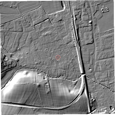 Shaded relief map of the ground around SY79QX, computed from Environment Agency LiDAR. The ground here sits at about 121 m above sea level and falls 21 m across the surrounding 800 m. Surface water reaching this point runs off ground lying to the west-south-west, 2.3 m higher.