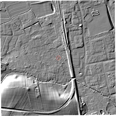 Shaded relief map of the ground around SY79RB, computed from Environment Agency LiDAR. The ground here sits at about 120 m above sea level and falls 18 m across the surrounding 800 m. Surface water reaching this point runs off ground lying to the west, 5.7 m higher.