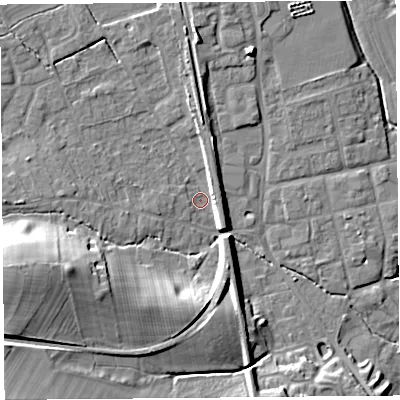 Shaded relief map of the ground around SY79RD, computed from Environment Agency LiDAR. The ground here sits at about 119 m above sea level and falls 21 m across the surrounding 800 m. Surface water reaching this point runs off ground lying to the west-south-west, 15.4 m higher.