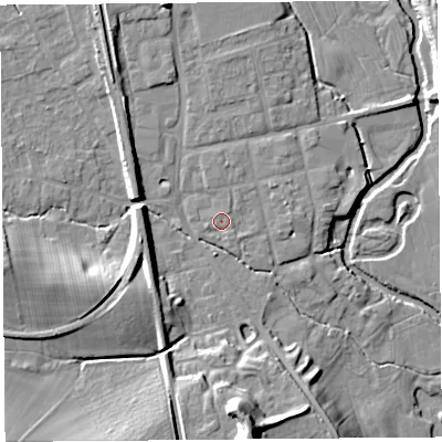 Shaded relief map of the ground around SY79RG, computed from Environment Agency LiDAR. The ground here sits at about 119 m above sea level and falls 21 m across the surrounding 800 m. Surface water reaching this point runs off ground lying to the north-north-east, 1.0 m higher.